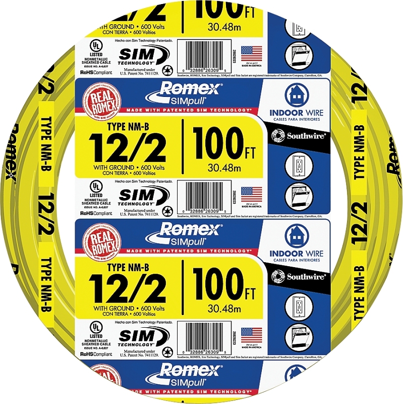 Romex 12/2NM-WGX100 Building Wire, 12 AWG Wire, 2-Conductor, 100 ft L, Copper Conductor, PVC Insulation, Nylon Sheath