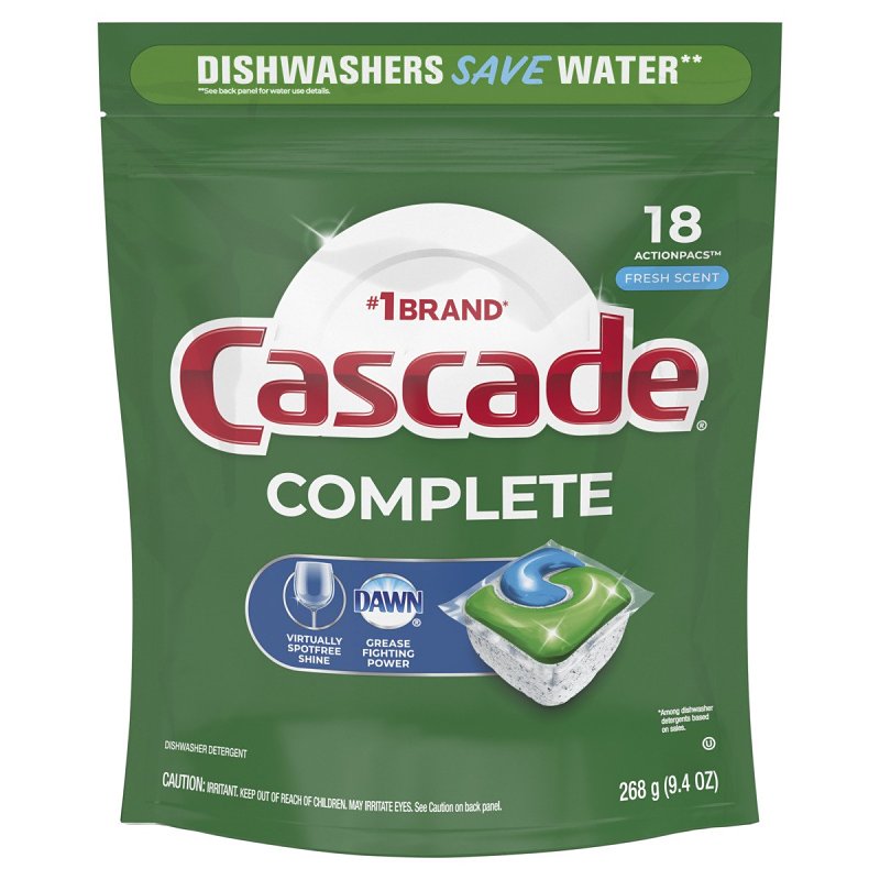 Cascade Complete ActionPacs 80857473 Dishwasher Detergent 16 packs 74 oz Bag Fresh Scent