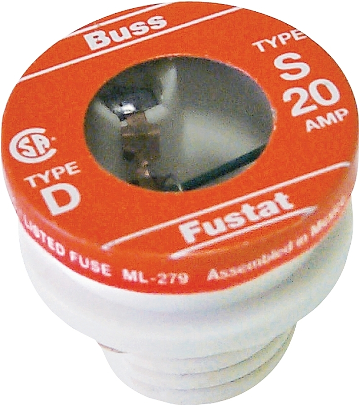 Bussmann S Series BP/S-20 Plug Fuse, 20 A, 125 V, 10 kA Interrupt, Plastic Body, S, Low Voltage, Time Delay Fuse