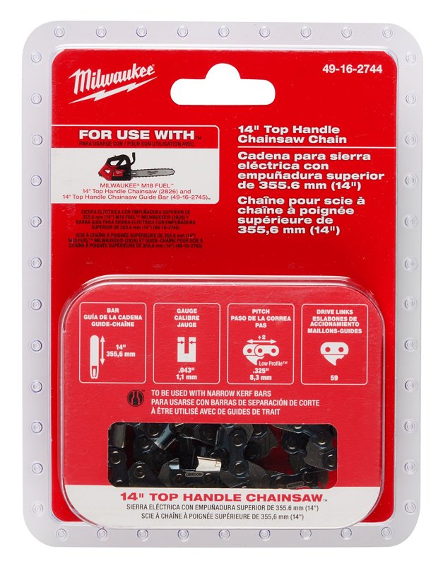 Milwaukee 49-16-2744 Chainsaw Chain, Low-Kickback Chain, 14 in L Bar, 0.043 in Gauge, 0.325 in TPI/Pitch, 59-Link