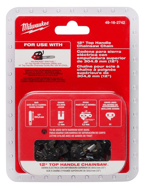 Milwaukee 49-16-2742 Chainsaw Chain, Low-Kickback Chain, 12 in L Bar, 0.043 in Gauge, 0.325 in TPI/Pitch, 51-Link