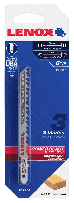 Lenox 1990847 Jig Saw Blade, 5/16 in W, 4 in L, 6 TPI, Bi-Metal Cutting Edge