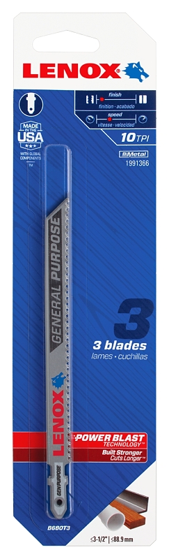 Lenox 1991366 Jig Saw Blade, 3/8 in W, 5-1/4 in L, 10 TPI, Bi-Metal Cutting Edge