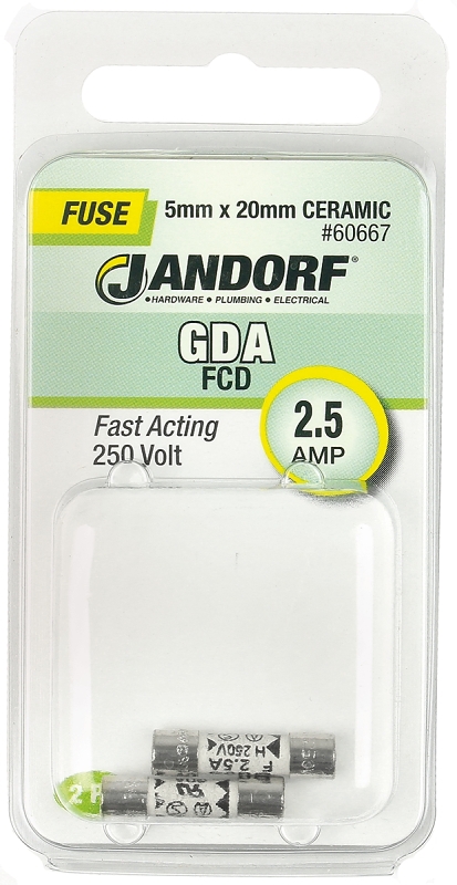 JANDORF GDA Series 60667 Fast Acting Fuse, 2.5 A, 250 V, 1500 A Interrupt, Ceramic Body, GDA