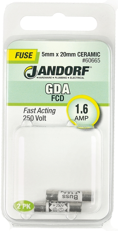 JANDORF GDA Series 60665 Fast Acting Fuse, 1.6 A, 250 V, 1500 A Interrupt, Ceramic Body, GDA, Fast-Acting Fuse