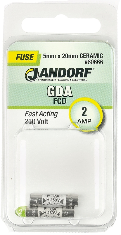 JANDORF GDA Series 60666 Fast Acting Fuse, 2 A, 250 V, 1500 A Interrupt, Ceramic Body, Fast-Acting Fuse