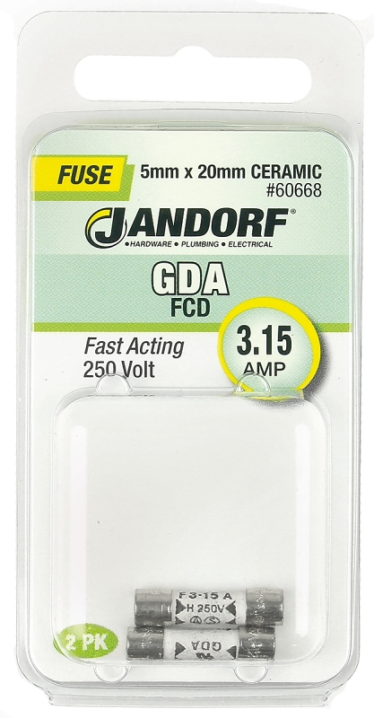 JANDORF GDA Series 60668 Fast Acting Fuse, 3.15 A, 250 V, 1500 A Interrupt, Ceramic Body