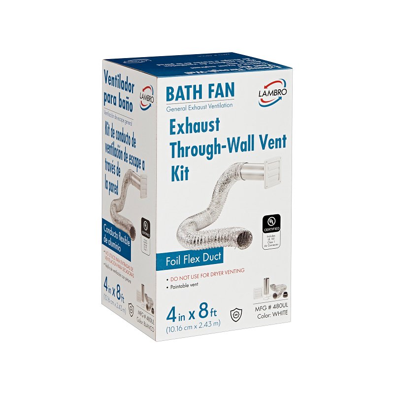 Lambro 480UL Bath Fan Exhaust Louvered Vent Kit, Foil Fle, Wall, Plastic, White, 6-Piece