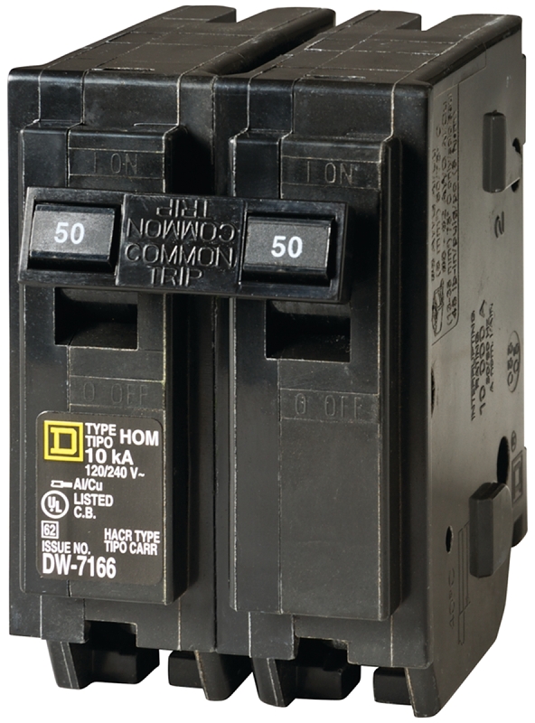 Square D Homeline HOM250C Miniature Circuit Breaker, 50 A, 2-Pole, 120/240 V, Plug Mounting, Black