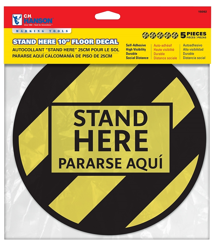 CH Hanson 15092 Stand Here Floor Decal, Black/Yellow Background, PVC, 10 in W