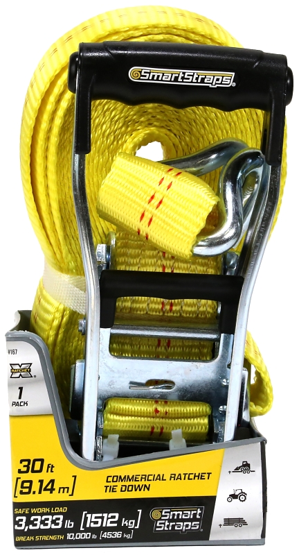 SmartStrap Rachet X Series 167 Stamped Rail Tie-Down, 2 in W, 30 ft L, Polyester/Steel, Yellow, 3333 lb