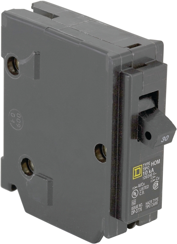 Square D Homeline HOM130C Miniature Circuit Breaker, 30 A, 1-Pole, 120 V, Plug Mounting, Black