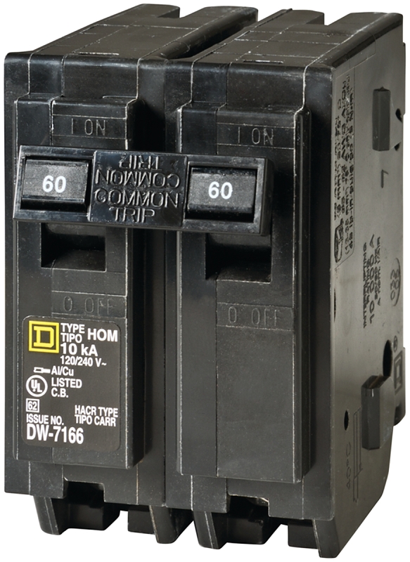 Square D Homeline HOM260C Miniature Circuit Breaker, 60 A, 2-Pole, 120/240 V, Plug Mounting, Black