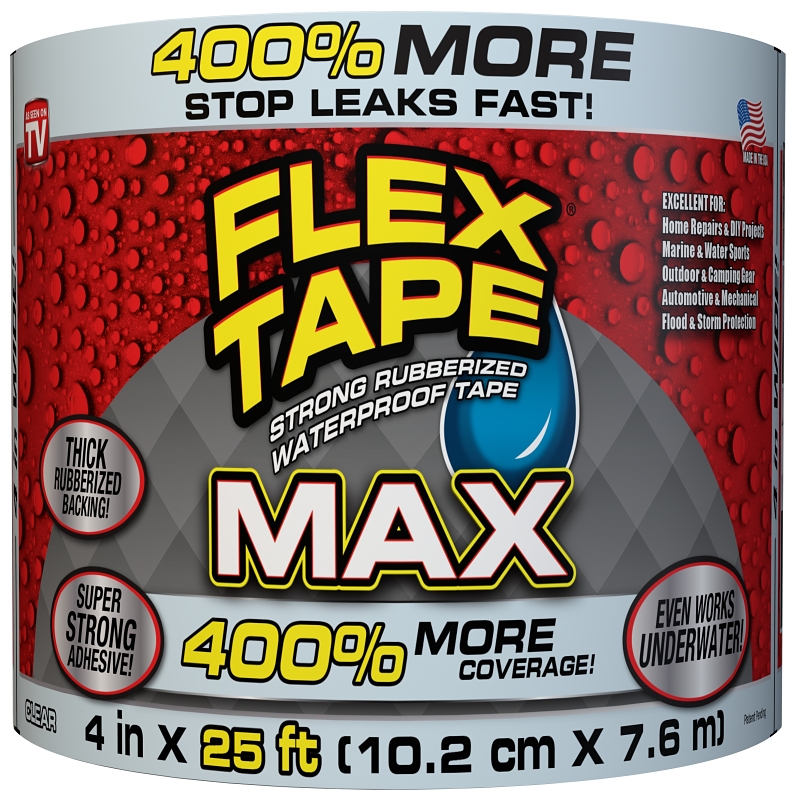 Flex Tape MAX TFSMAXCLR04 Tape, 25 ft L, 4 in W, Rubber Backing, Clear
