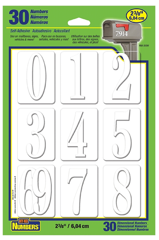 Hy-Ko MM200W Packaged Number, Character: 0 to 9, 2-3/8 in H Character, White Character, Polypropylene