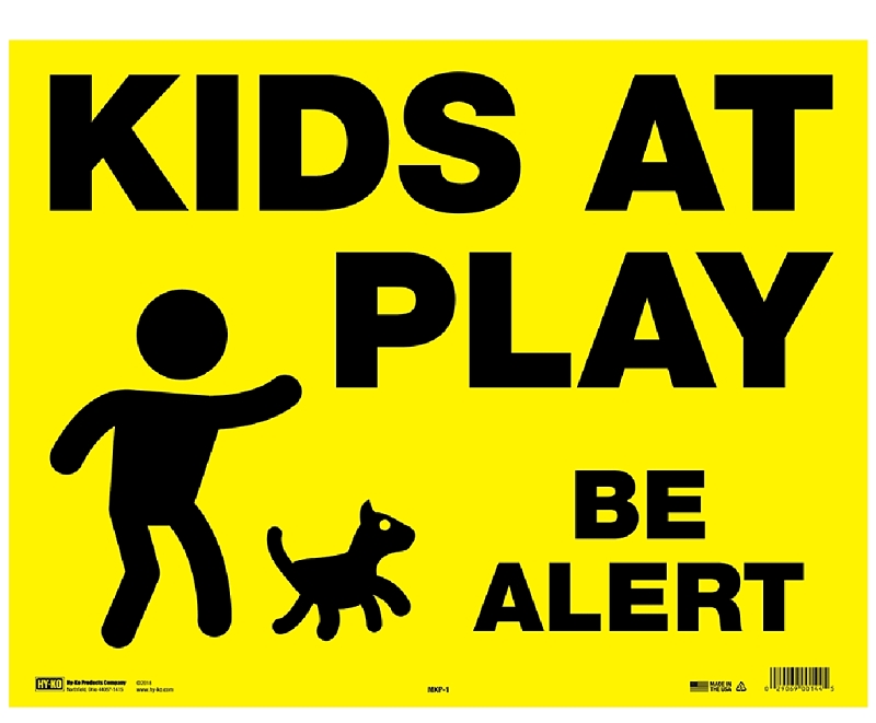 Hy-Ko MKP-1 Yard Sign, Rectangular, KIDS AT PLAY BE ALERT, Black Legend, Yellow Background, Plastic