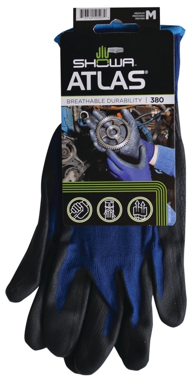 Showa 380M-07.RT Lightweight Coated Gloves, M, 8-21/32 to 10-15/64 in L, Elastic Cuff, Nitrile Foam Coating, Black/Blue