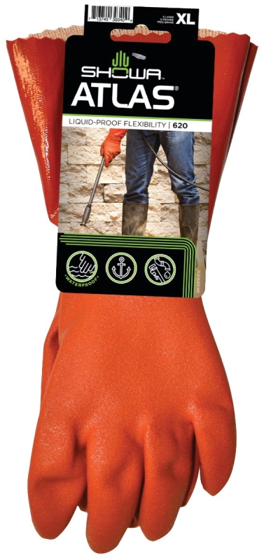 Showa 620XL-10.RT Coated Gloves, XL, 12 in L, Gauntlet Cuff, PVC Coating, PVC Glove, Orange
