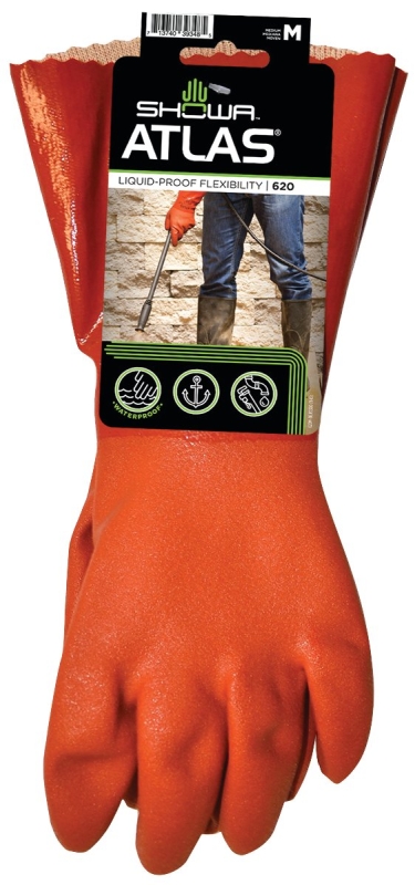 Showa 620M-08.RT Coated Gloves, M, 12 in L, Gauntlet Cuff, PVC Coating, PVC Glove, Orange