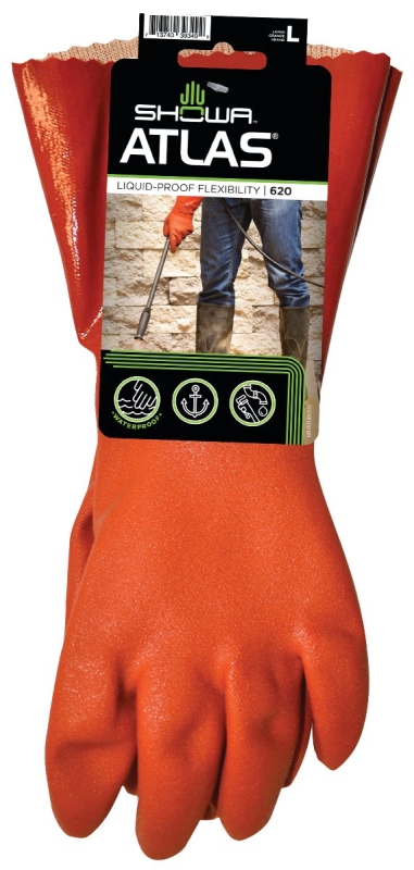 Showa 620L-09.RT Coated Gloves, L, 12 in L, Gauntlet Cuff, PVC Coating, PVC Glove, Orange