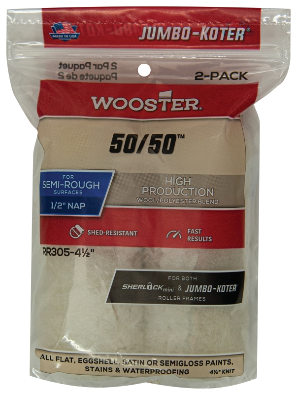 Wooster 50/50 RR305-4 1/2 Jumbo Mini Roller Cover, 1/2 in Thick Nap, 4-1/2 in L, Polyester Blend/Wool Cover, Cream
