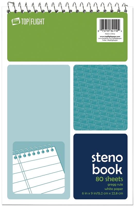 Top Flight 4600948 Steno Pad, Ruled Sheet, 6 in L x 9 in W Sheet, 80-Sheet, White Sheet, Wirebound Binding, Pack of 6