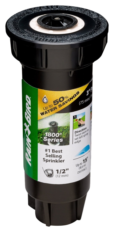 Rain Bird 1803APPRS Pressure Regulated Pop-Up Sprinkler, 1/2 in Connection, FNPT, 3 in H Pop-Up, 8 to 15 ft, Plastic
