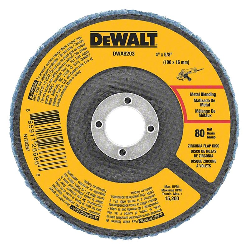 DEWALT DWA8203 Flap Disc, 4 in Dia, 5/8 in Arbor, 80 Grit, Medium, Zirconia Abrasive, Fiberglass Backing, Center Hole