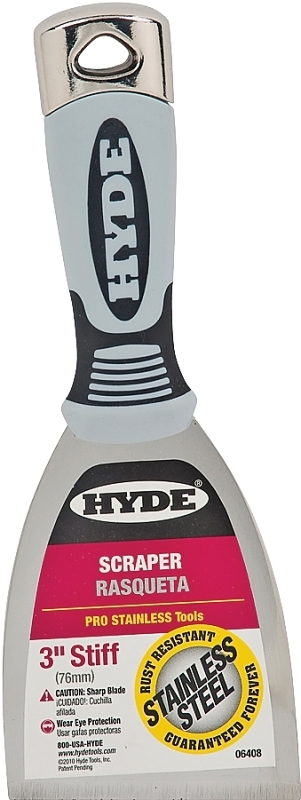Hyde Pro Stainless Series 06408 Scraper, 3 in W Blade, 1-Edge Blade, Stainless Steel Blade, Plastic/Wood Handle