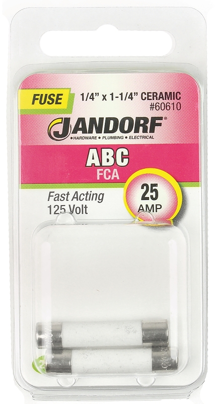 JANDORF ABC Series 60610 Fast Acting Fuse, 25 A, 125 VDC, 200, 400, 1000 A Interrupt, Ceramic Body, ABC