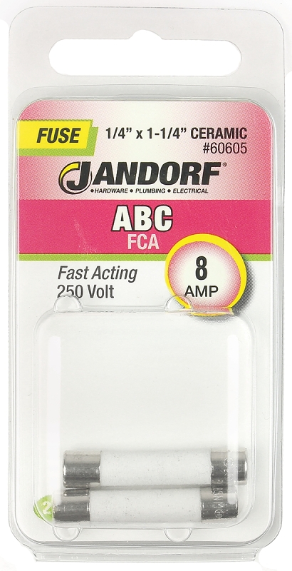 JANDORF ABC Series 60605 Fast Acting Fuse, 8 A, 250 V, 200 A, 10 kA Interrupt, Ceramic Body, ABC, Fast-Acting Fuse
