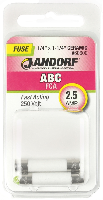 JANDORF ABC Series 60600 Fast Acting Fuse, 2.5 A, 250 V, 100 A, 10 kA Interrupt, Ceramic Body, ABC, Fast-Acting Fuse
