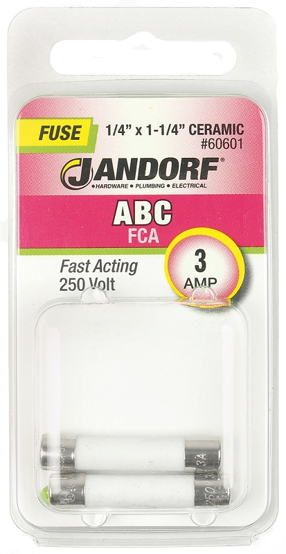 JANDORF ABC Series 60601 Fast Acting Fuse, 3 A, 250 V, 100 A, 10 kA Interrupt, Ceramic Body, ABC, Fast-Acting Fuse