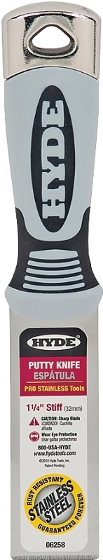 Hyde Pro Stainless Series 06258 Putty Knife, 1-1/4 in W Blade, Stainless Steel Blade, Plastic Handle