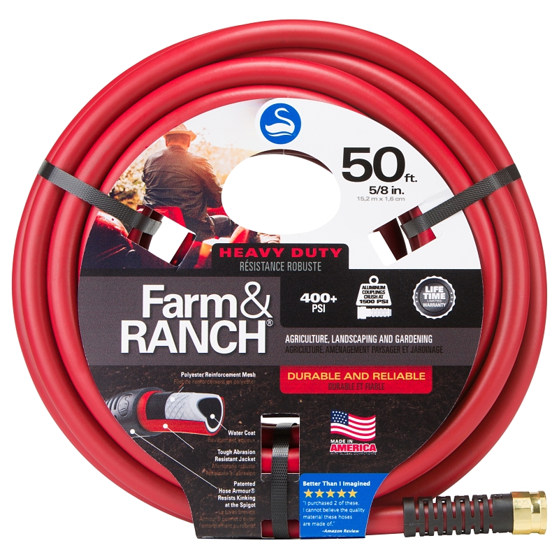 Swan Farm&RANCH CSNFR58050 Heavy-Duty Garden Hose, 5/8 in, 50 ft L, Female x Male, Rubber, Red