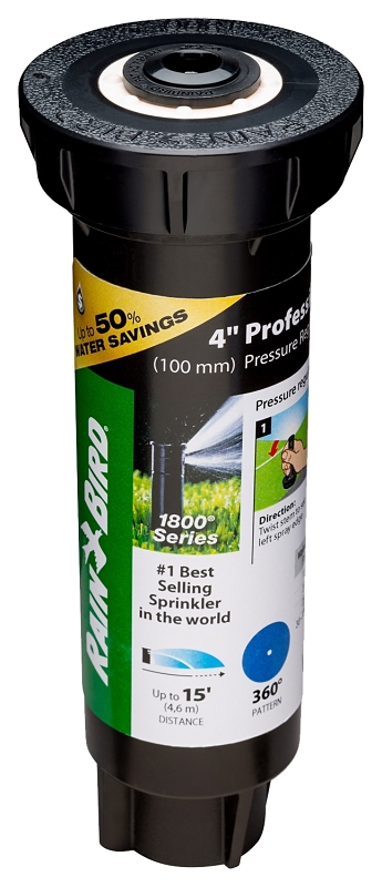 Rain Bird 1804FDSP25 Pressure Regulated Pop-Up Sprinkler, 1/2 in Connection, FNPT, 4 in H Pop-Up, 8 to 15 ft, Plastic