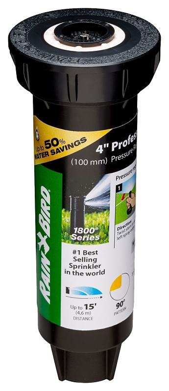 Rain Bird 1804QDSP25 Pressure Regulated Pop-Up Sprinkler, 1/2 in Connection, FNPT, 4 in H Pop-Up, 8 to 15 ft, Plastic