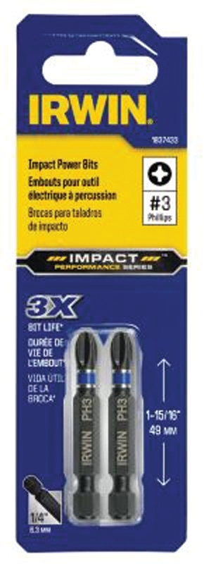 Irwin 1837433 Power Bit, #3 Drive, Phillips Drive, 1/4 in Shank, Hex Shank, 2 in L, Tool Steel