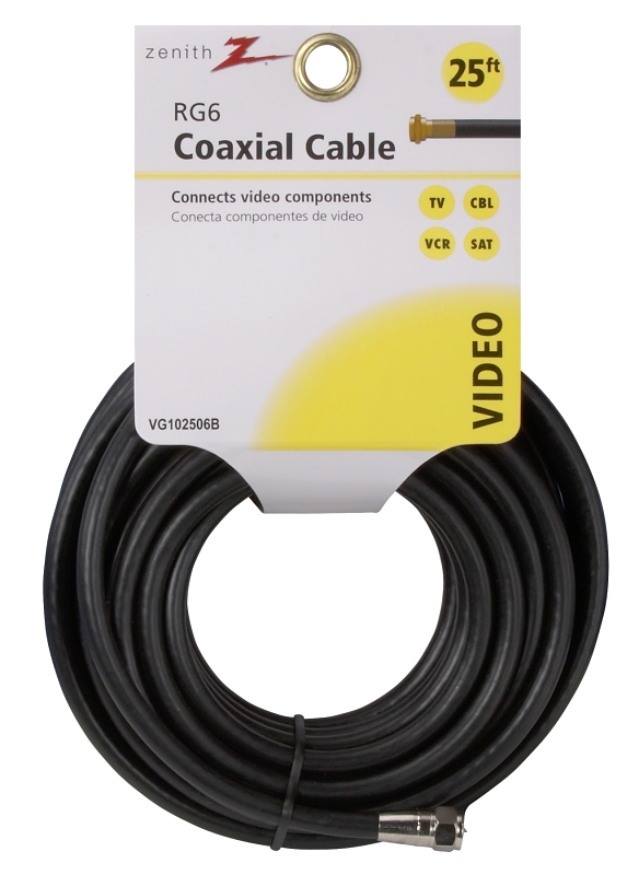Zenith VG102506B Coaxial Cable, Black Sheath, 25 ft L