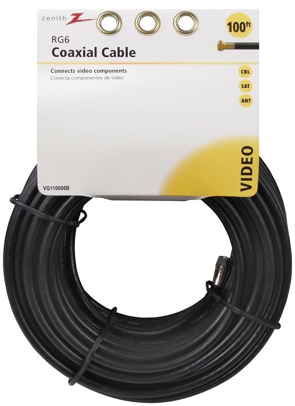 Zenith VG110006B RG6 Coaxial Cable, F-Type, F-Type, Black Sheath, 100 ft L