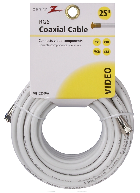 Zenith VG102506W RG6 Coaxial Cable, F-Type, F-Type, White Sheath, 25 ft L