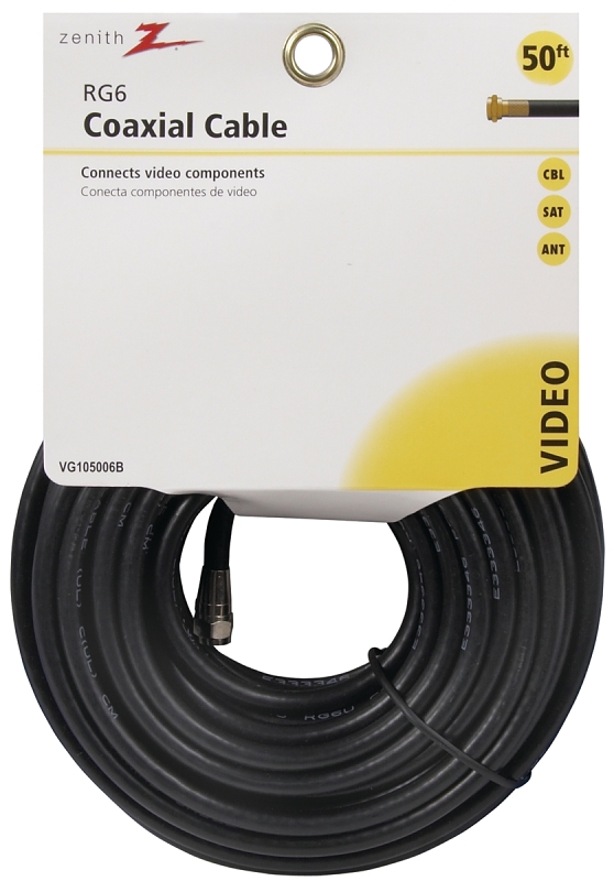 Zenith VG105006B RG6 Coaxial Cable, F-Type, F-Type, Black Sheath, 50 ft L