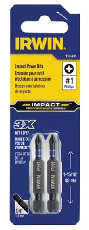 Irwin 1837435 Power Bit, #1 Drive, Phillips Drive, 1/4 in Shank, Hex Shank, 2 in L, Tool Steel