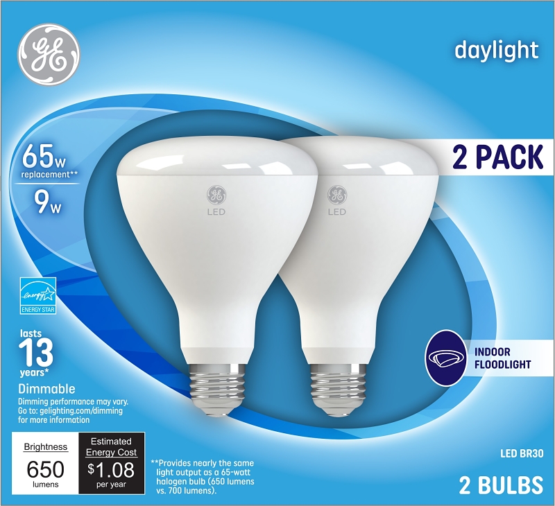GE 93129771 Light Bulb, BR30 Lamp, 65 W Equivalent, E26 Medium Lamp Base, Dimmable, Frost, Daylight Light