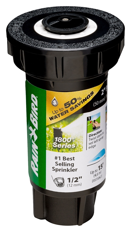 Rain Bird 1802HV15PR Pressure Regulated Pop-Up Sprinkler, 1/2 in Connection, FNPT, 2 in H Pop-Up, 15 ft, Plastic