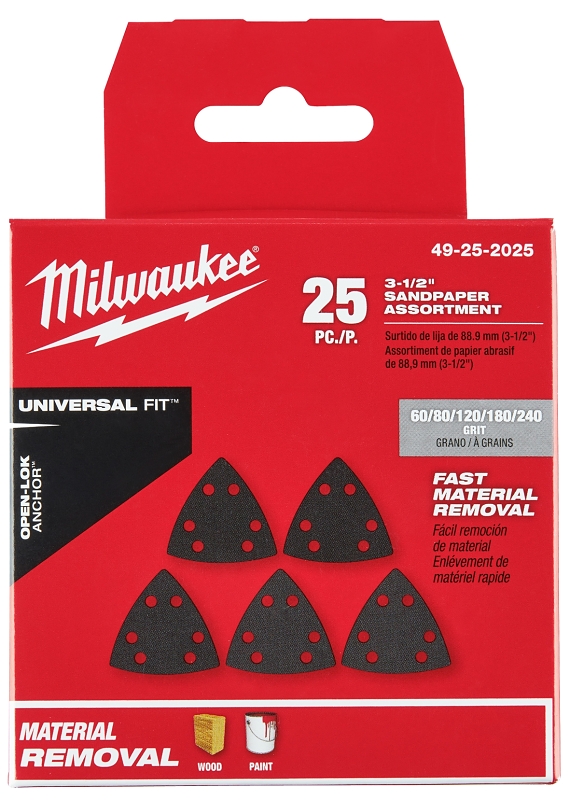 Milwaukee 49-25-2025 Triangle Sandpaper Variety Pack, 60, 80, 120, 180, 240 Grit, Silicone Carbide Abrasive, 3.56 in L