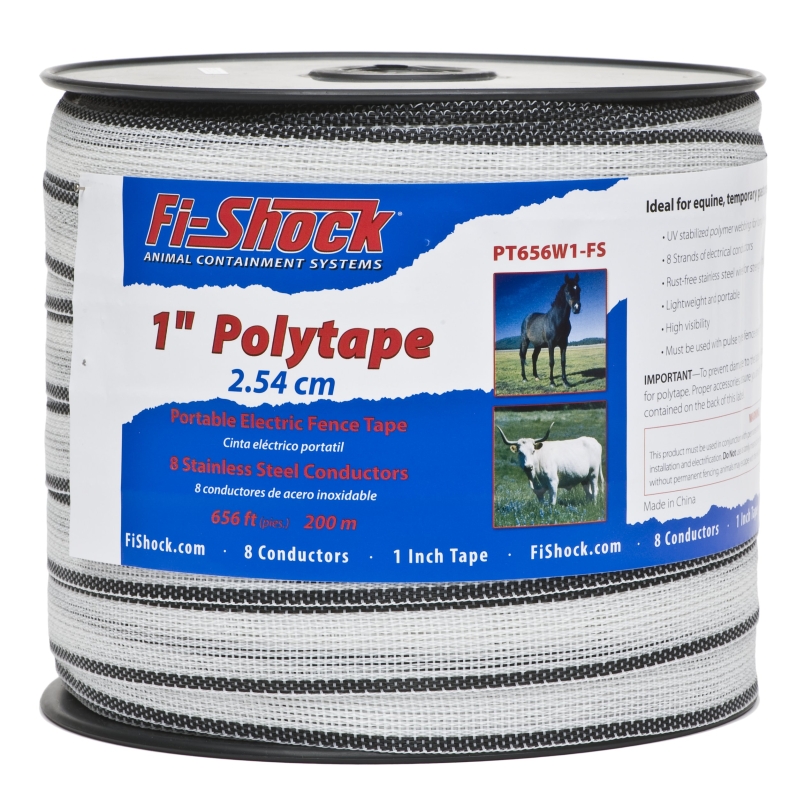 Fi-Shock PT656W1-FS Polytape, 656 ft L, 1 in W, 8-Strand, Stainless Steel Conductor, White