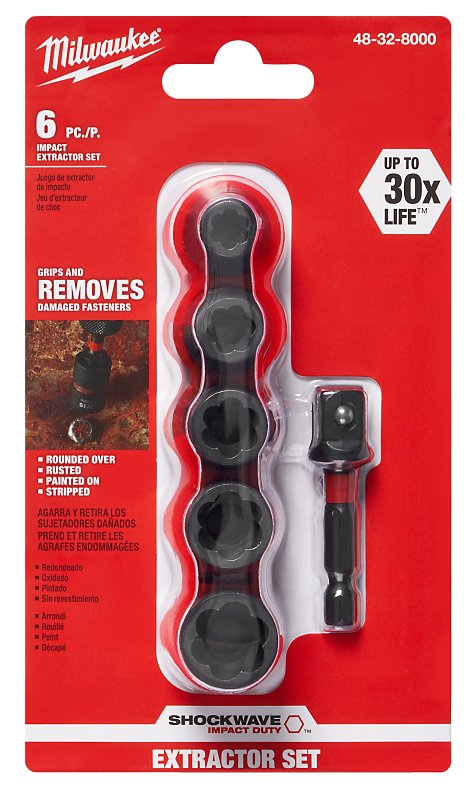 Milwaukee SHOCKWAVE Series 48-32-8000 Impact Extractor Set, 6-Piece, Steel, Specifications: 3/8 in D Socket