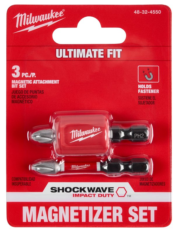Milwaukee SHOCKWAVE 48-32-4550 Impact-Duty Magnetic Attachment and PH2 Bit Set, 3-Piece, All-Purpose, Alloy Steel, Red