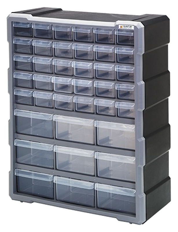 Quantum Storage Systems PDC-39BK Cabinet, 15 in L, 6-1/4 in W, 18-3/4 in H, 39-Drawer, Polypropylene, Black